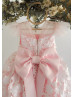 White Floral Appliques Pink Tulle V Back Flower Girl Dress